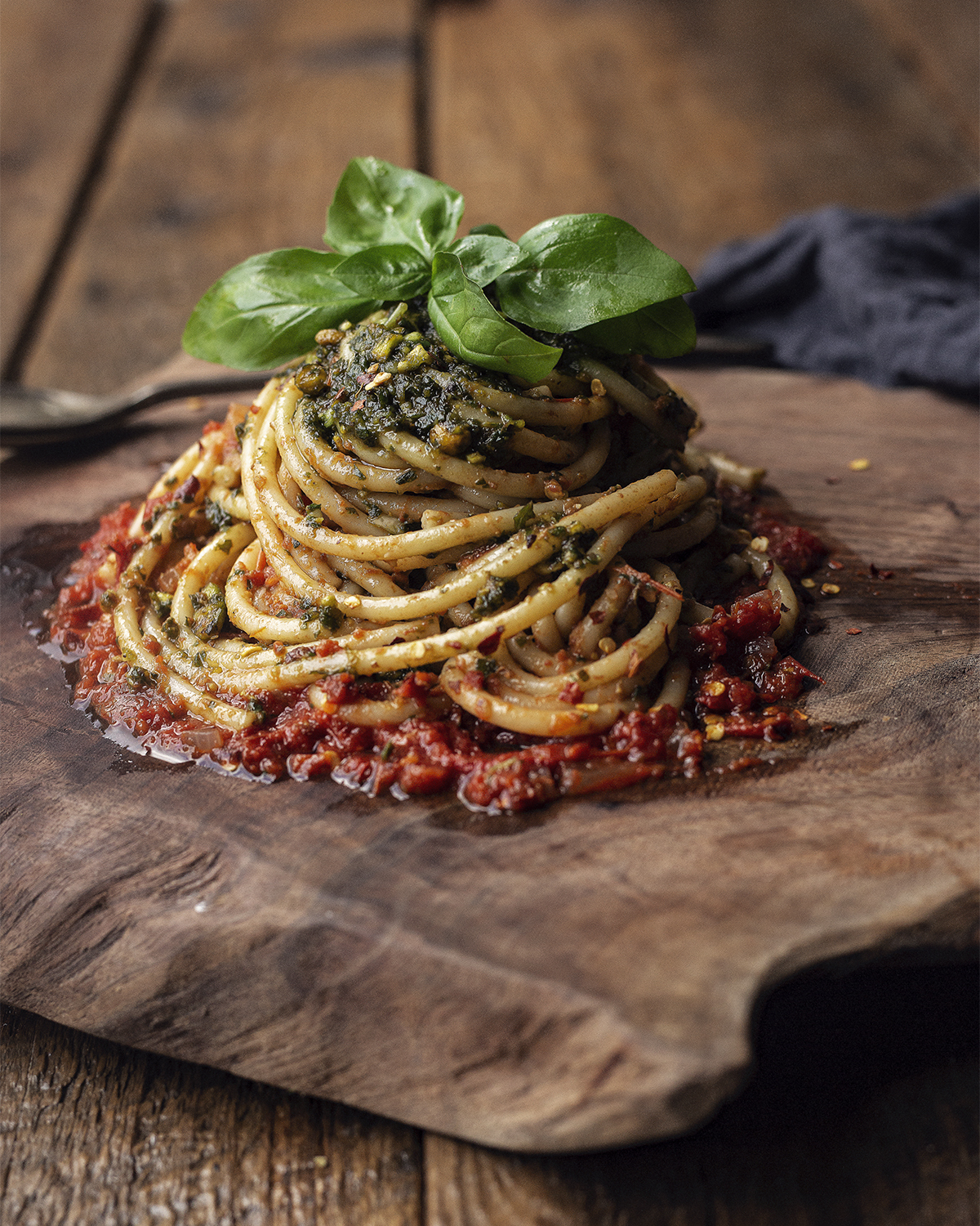 Summer Tomato and Pesto Bucatini Pasta